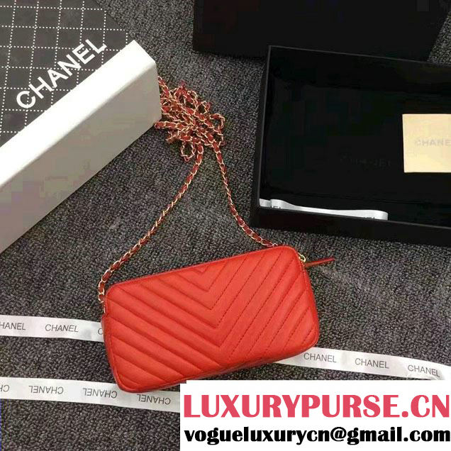 Chanel Chevron Double Zipped Small Clutch Chain Bag A82527 Red/Gold 2017