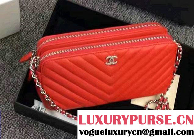 Chanel Chevron Double Zipped Small Clutch Chain Bag A82527 Red/Silver 2017