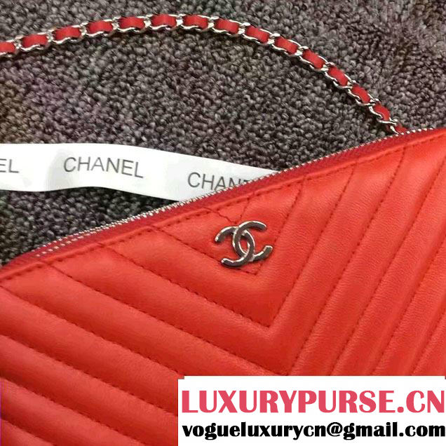 Chanel Chevron Double Zipped Small Clutch Chain Bag A82527 Red/Silver 2017