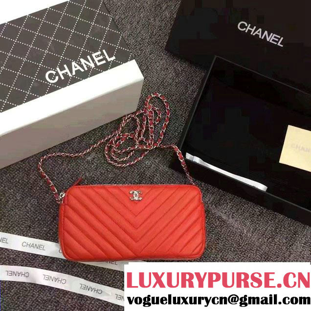 Chanel Chevron Double Zipped Small Clutch Chain Bag A82527 Red/Silver 2017