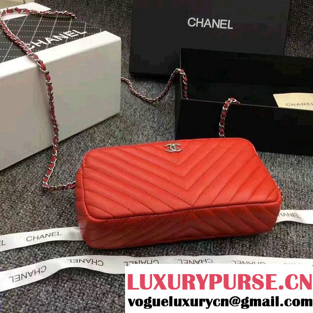Chanel Chevron Double Zipped Small Clutch Chain Bag A82527 Red/Silver 2017