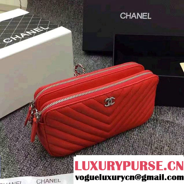 Chanel Chevron Double Zipped Small Clutch Chain Bag A82527 Red/Silver 2017