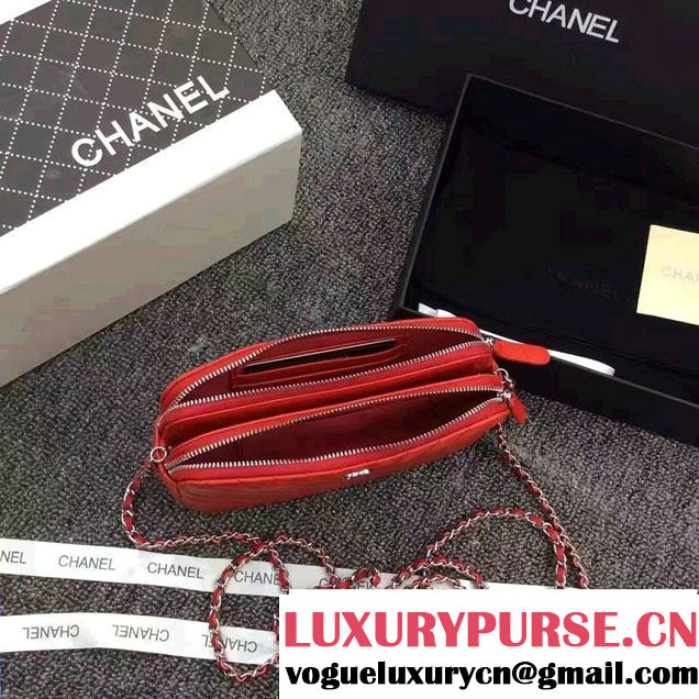 Chanel Chevron Double Zipped Small Clutch Chain Bag A82527 Red/Silver 2017