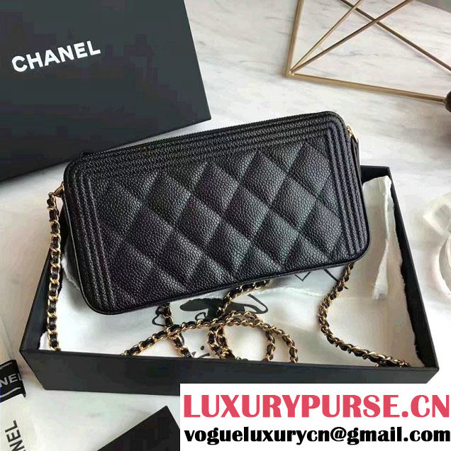 Chanel Grained Calfskin Boy Double Zipped Small Clutch Chain Phone Holder Bag A84069 Black/Gold 2017
