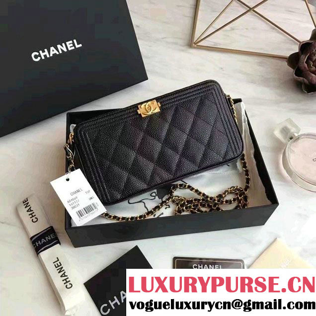 Chanel Grained Calfskin Boy Double Zipped Small Clutch Chain Phone Holder Bag A84069 Black/Gold 2017