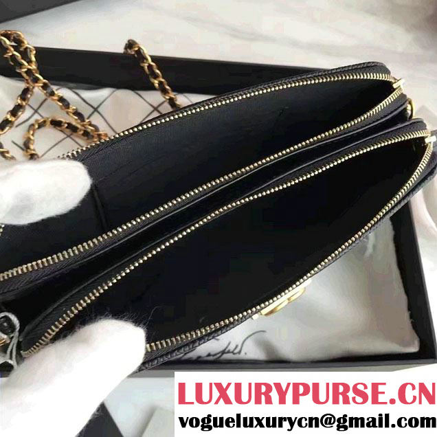 Chanel Grained Calfskin Boy Double Zipped Small Clutch Chain Phone Holder Bag A84069 Black/Gold 2017