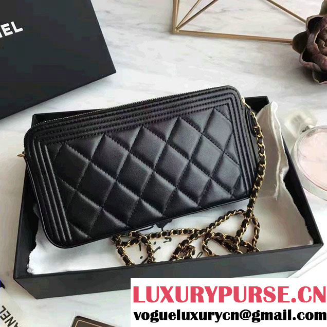 Chanel Lambskin Boy Double Zipped Small Clutch Chain Phone Holder Bag A84069 Black 2017