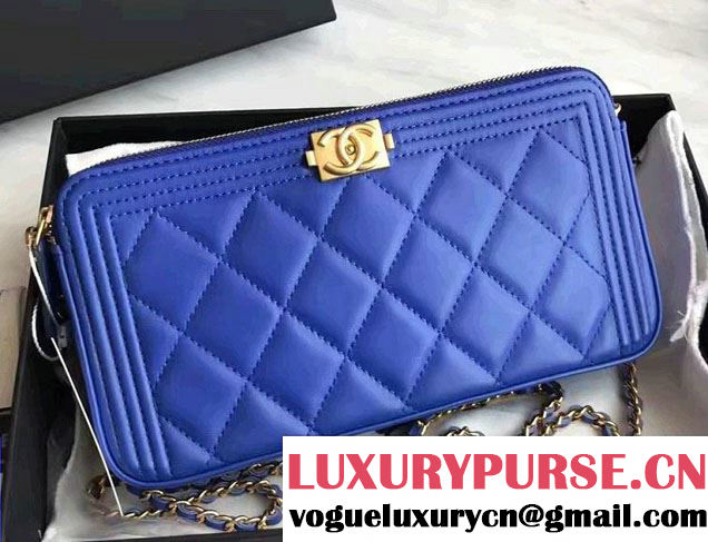 Chanel Lambskin Boy Double Zipped Small Clutch Chain Phone Holder Bag A84069 Blue 2017