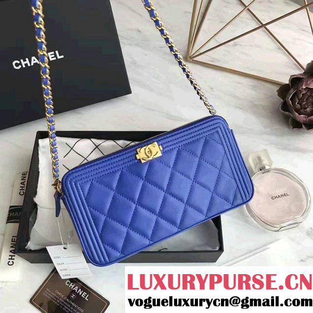 Chanel Lambskin Boy Double Zipped Small Clutch Chain Phone Holder Bag A84069 Blue 2017