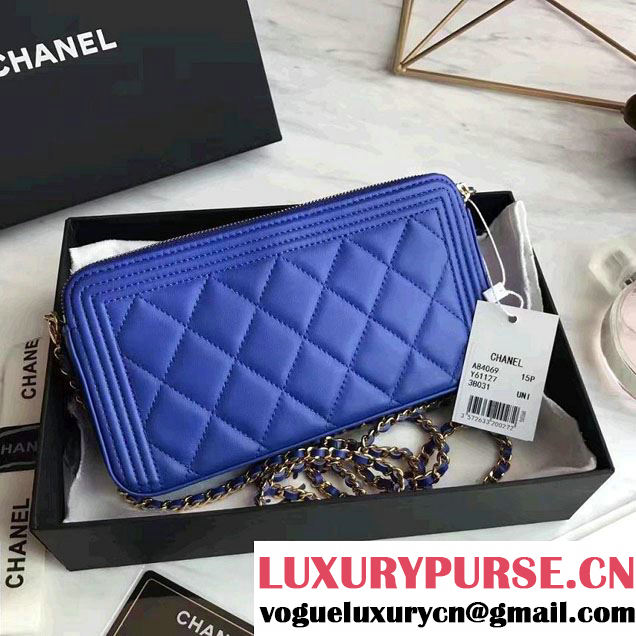 Chanel Lambskin Boy Double Zipped Small Clutch Chain Phone Holder Bag A84069 Blue 2017