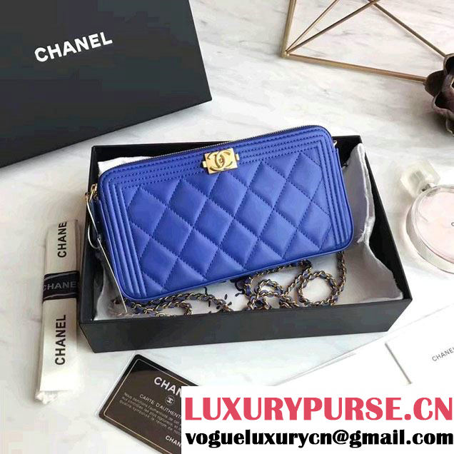 Chanel Lambskin Boy Double Zipped Small Clutch Chain Phone Holder Bag A84069 Blue 2017