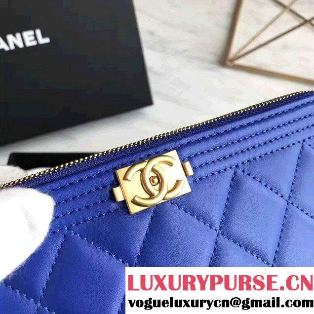 Chanel Lambskin Boy Double Zipped Small Clutch Chain Phone Holder Bag A84069 Blue 2017