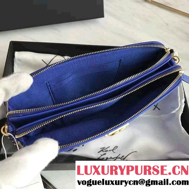 Chanel Lambskin Boy Double Zipped Small Clutch Chain Phone Holder Bag A84069 Blue 2017
