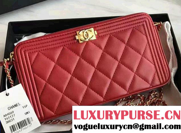 Chanel Lambskin Boy Double Zipped Small Clutch Chain Phone Holder Bag A84069 Red 2017