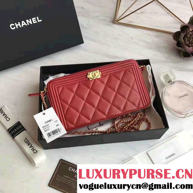 Chanel Lambskin Boy Double Zipped Small Clutch Chain Phone Holder Bag A84069 Red 2017