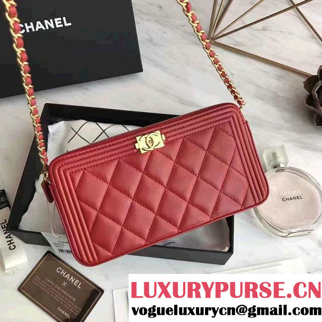 Chanel Lambskin Boy Double Zipped Small Clutch Chain Phone Holder Bag A84069 Red 2017