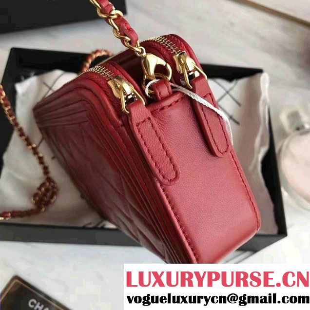 Chanel Lambskin Boy Double Zipped Small Clutch Chain Phone Holder Bag A84069 Red 2017