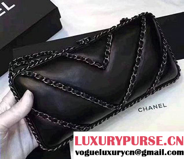 Chanel Leather V Chain Detail Evening Bag Black 2017