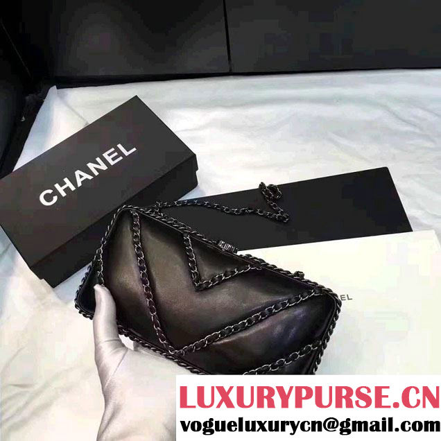Chanel Leather V Chain Detail Evening Bag Black 2017