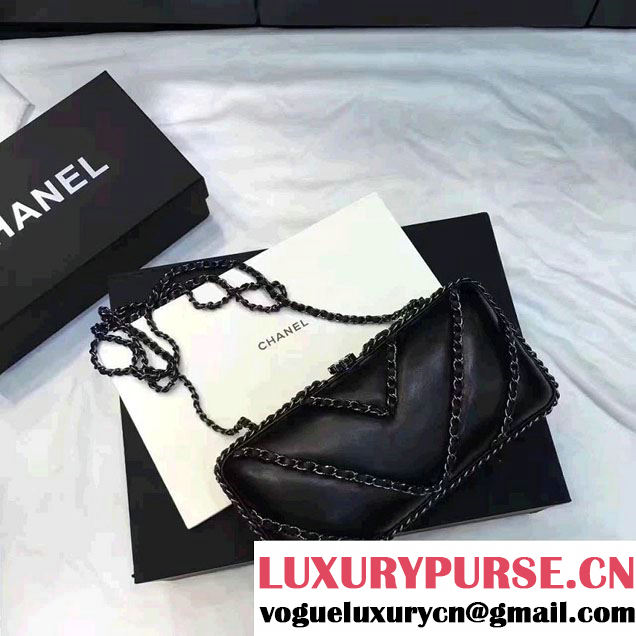 Chanel Leather V Chain Detail Evening Bag Black 2017
