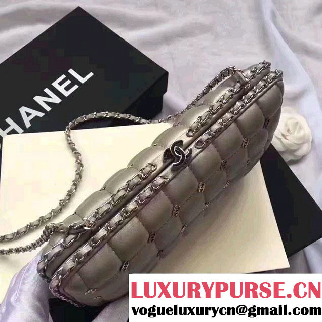 Chanel Leather Grid Design Metallic Logo Detail Evening Bag Sliver 2017