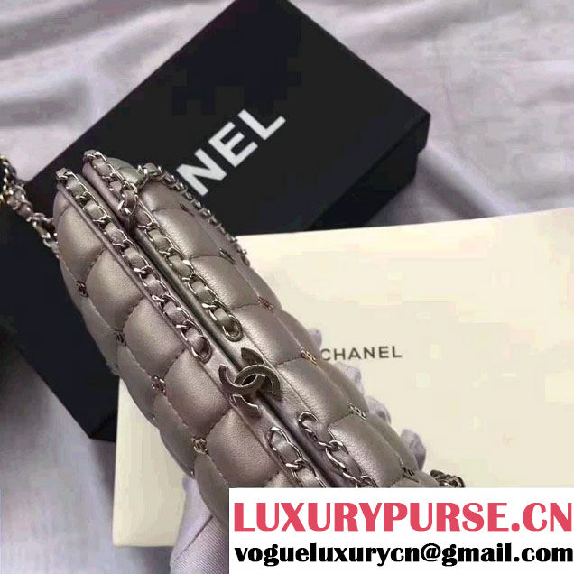 Chanel Leather Grid Design Metallic Logo Detail Evening Bag Sliver 2017