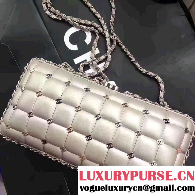 Chanel Leather Grid Design Metallic Logo Detail Evening Bag Sliver 2017