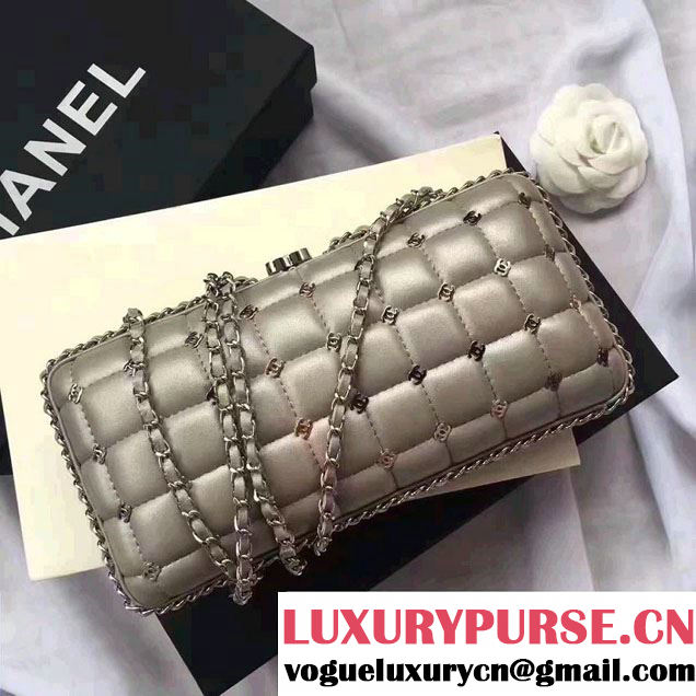 Chanel Leather Grid Design Metallic Logo Detail Evening Bag Sliver 2017