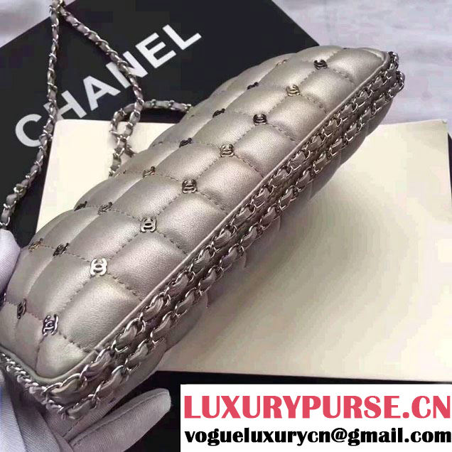 Chanel Leather Grid Design Metallic Logo Detail Evening Bag Sliver 2017