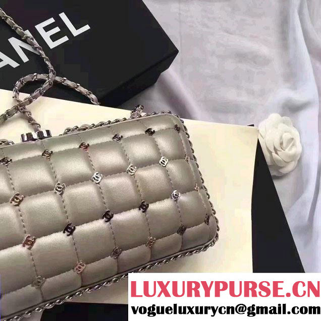 Chanel Leather Grid Design Metallic Logo Detail Evening Bag Sliver 2017