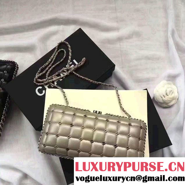 Chanel Leather Grid Design Metallic Logo Detail Evening Bag Sliver 2017