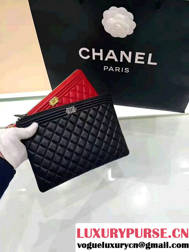 Chanel Lambskin Leather Sliver Metal Medium/Small Zip Pouch Black 2017