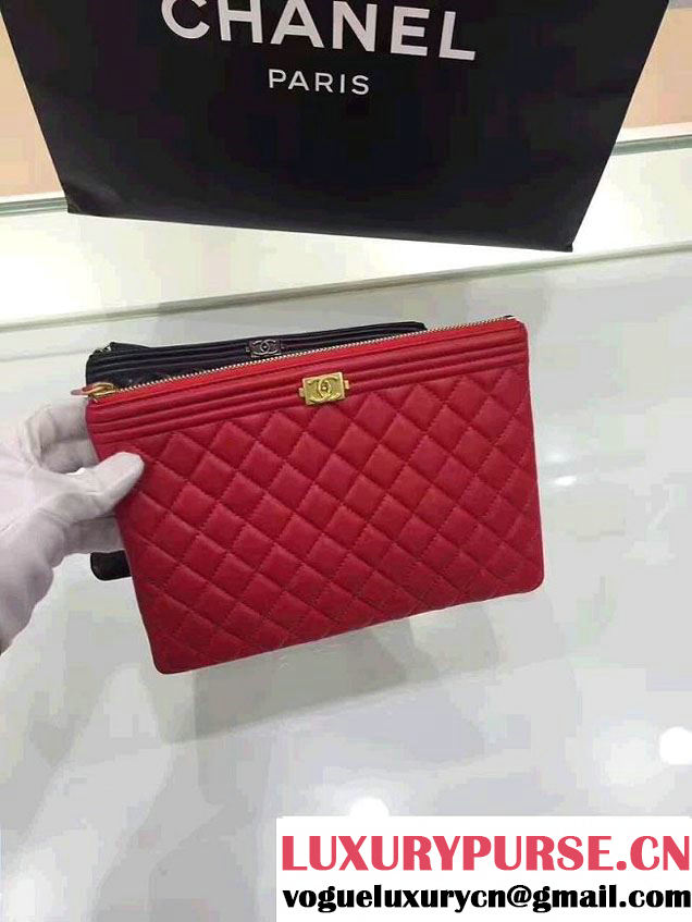 Chanel Lambskin Leather Sliver Metal Medium/Small Zip Pouch Red 2017