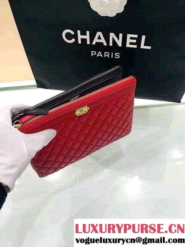 Chanel Lambskin Leather Sliver Metal Medium/Small Zip Pouch Red 2017