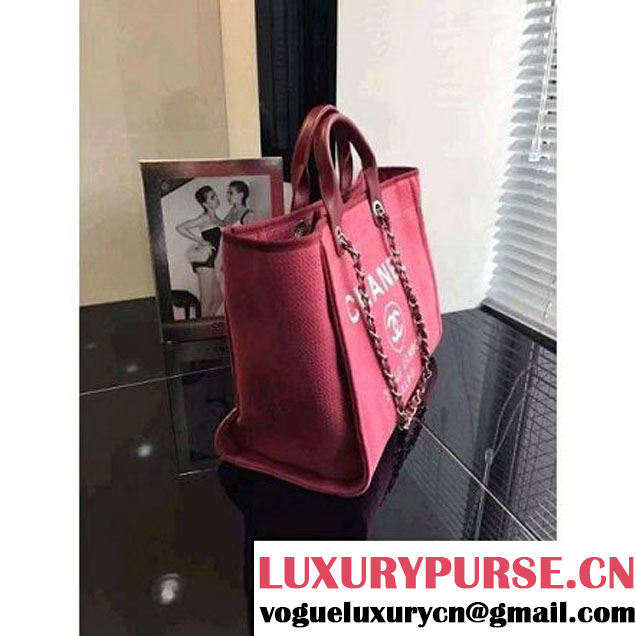 Chanel Toile Large Deauville Canvas Shopping Bag Red 2015 (LZ-061601 )