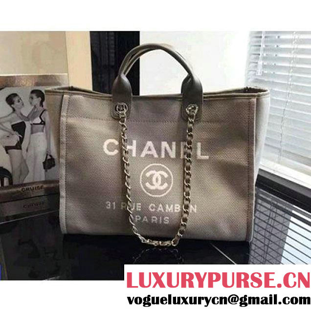 Chanel Toile Large Deauville Canvas Shopping Bag Grey 2015 (2A046-072306 )