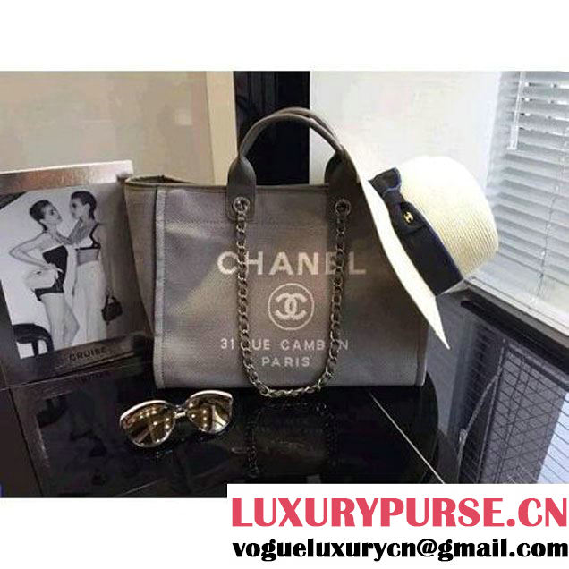 Chanel Toile Large Deauville Canvas Shopping Bag Grey 2015 (2A046-072306 )