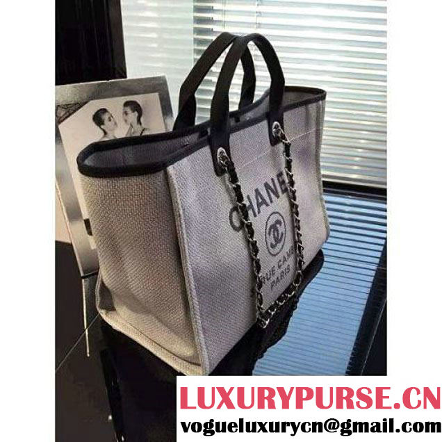 Chanel Toile Large Deauville Canvas Shopping Bag White/Black 2016 (2A046-6030906 )