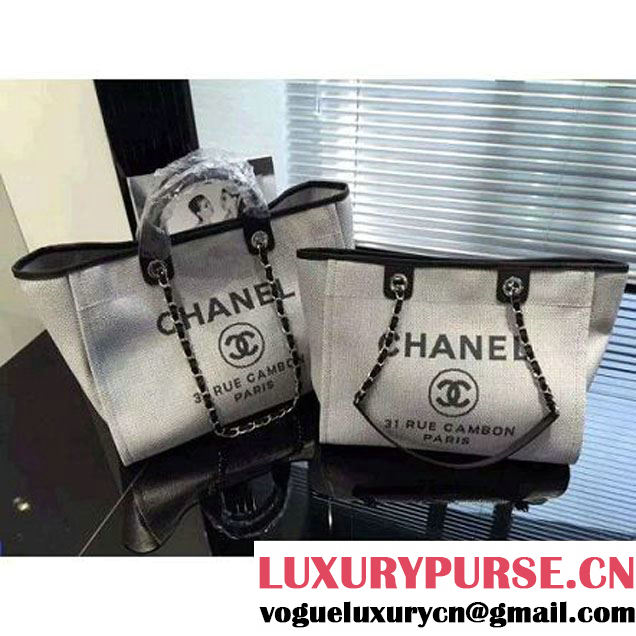 Chanel Toile Large Deauville Canvas Shopping Bag White/Black 2016 (2A046-6030906 )