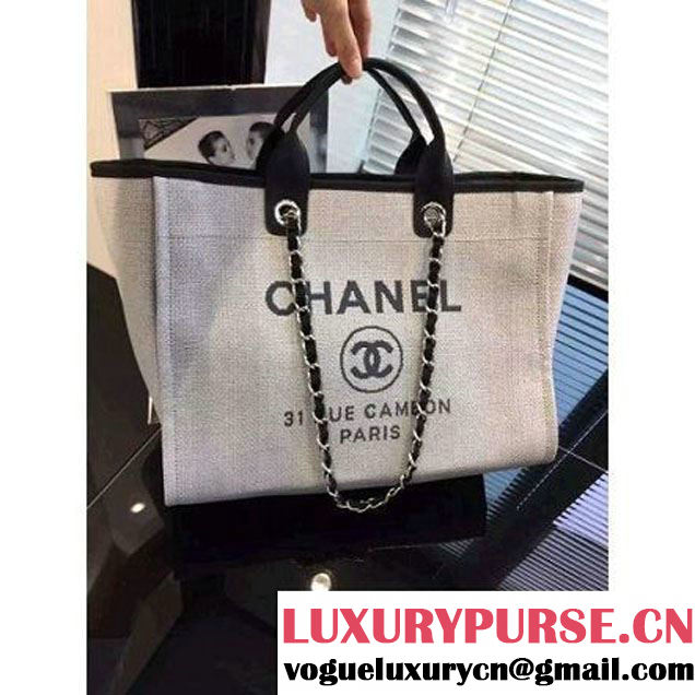 Chanel Toile Large Deauville Canvas Shopping Bag White/Black 2016 (2A046-6030906 )