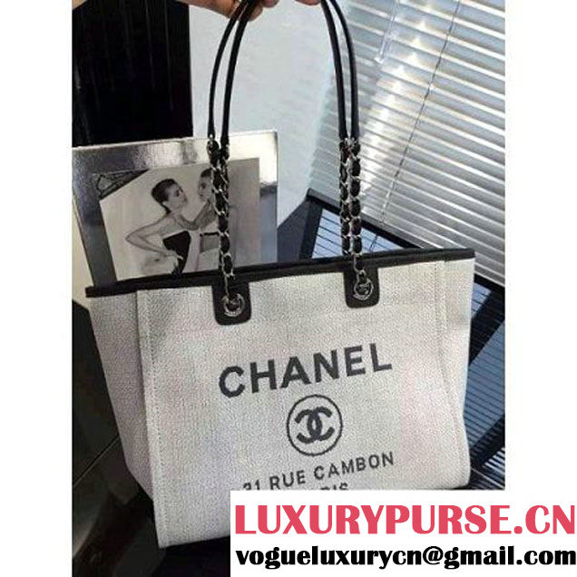 Chanel Toile Medium Deauville Canvas Shopping Bag White/Black 2016 (2A046-6030907 )