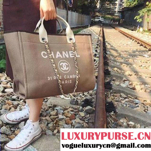 Chanel Toile Large Deauville Canvas Shopping Bag Brown 2015 (2A143-7022113 )