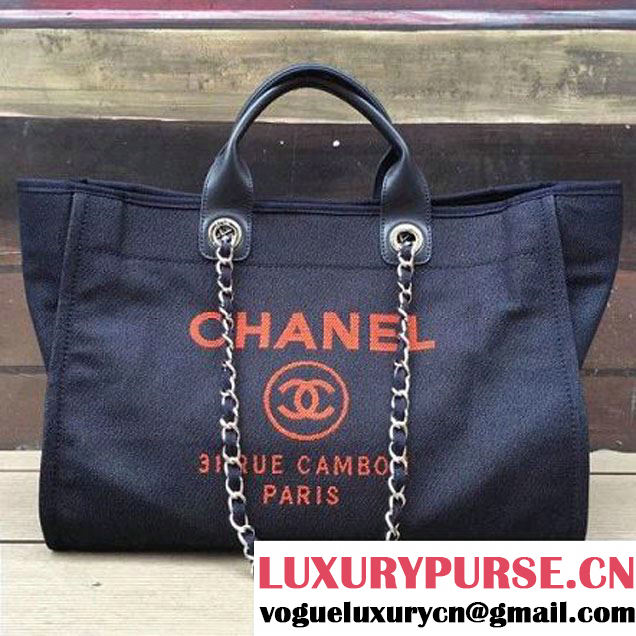 Chanel Toile Large Deauville Canvas Shopping Bag Denim Blue/Orange 2017 (2A143-7030814 )