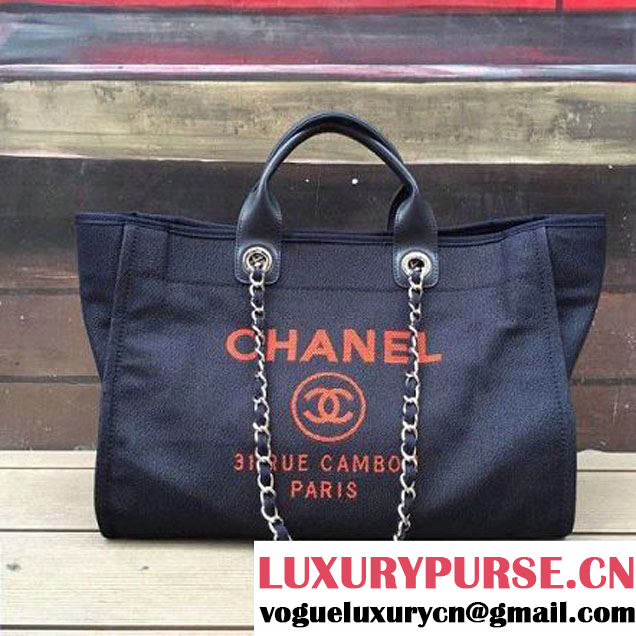 Chanel Toile Large Deauville Canvas Shopping Bag Denim Blue/Orange 2017 (2A143-7030814 )