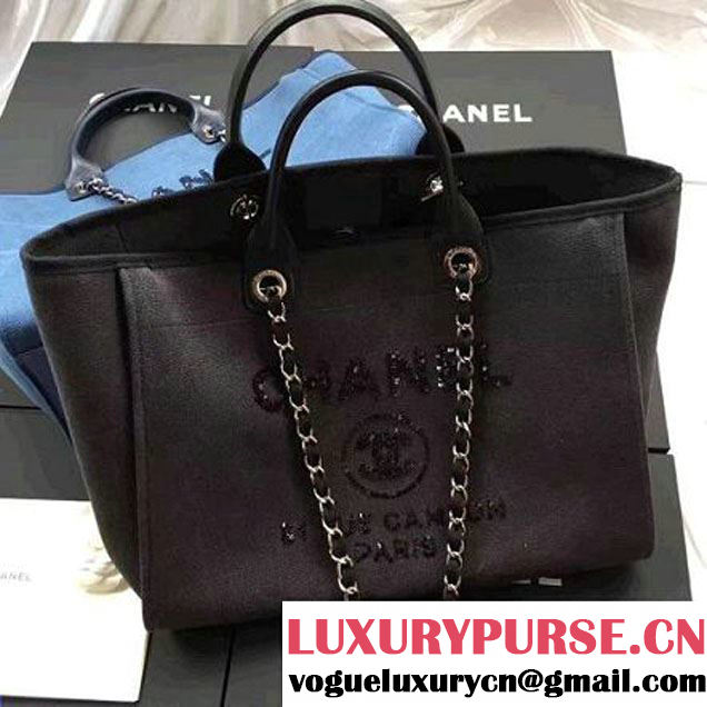 Chanel Toile Large Deauville Canvas Shopping Bag Deep Grey with Sequin 2017 (1a145-7031853 )