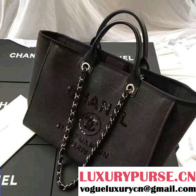 Chanel Toile Large Deauville Canvas Shopping Bag Deep Grey with Sequin 2017 (1a145-7031853 )