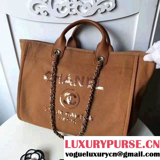 Chanel Toile Large Deauville Canvas Shopping Bag Camel with Sequin 2017 (KS-7041012 )