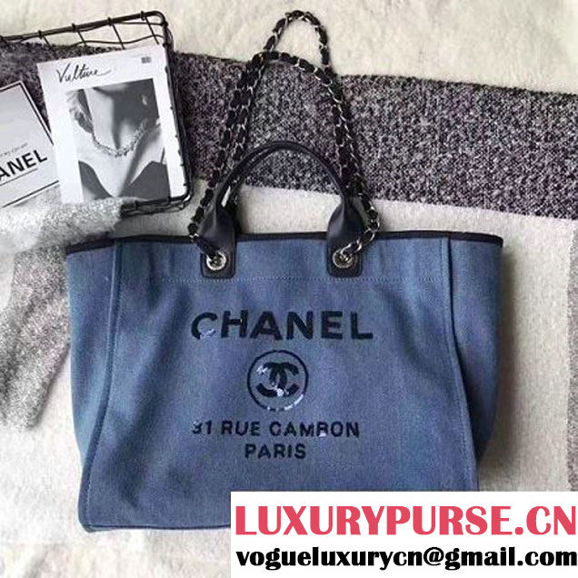 Chanel Toile Large Deauville Canvas Shopping Bag Deep Blue with Sequin 2017 (1A099-7041857 )