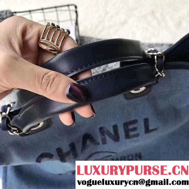 Chanel Toile Large Deauville Canvas Shopping Bag Deep Blue with Sequin 2017 (1A099-7041857 )