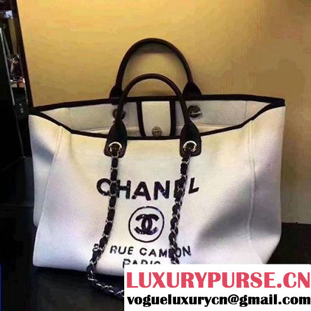 Chanel Toile Large Deauville Canvas Shopping Bag White with Sequin 2017 (142-7060851 )